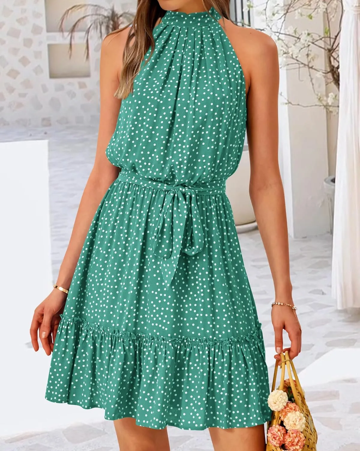 BTFBM Women Halter Neck Summer Dresses 2025 Spring Casual Sleeveless Floral Polka Dot Ruffle Mini Boho Beach Sun Dress