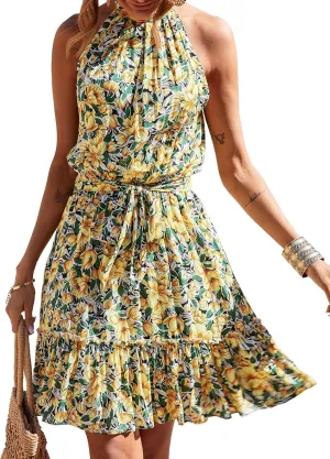 BTFBM Women Halter Neck Summer Dresses 2025 Spring Casual Sleeveless Floral Polka Dot Ruffle Mini Boho Beach Sun Dress