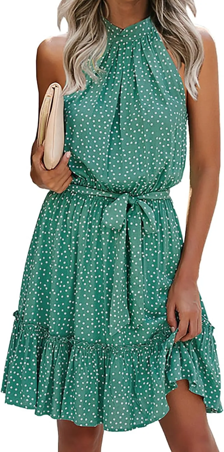 BTFBM Women Halter Neck Summer Dresses 2025 Spring Casual Sleeveless Floral Polka Dot Ruffle Mini Boho Beach Sun Dress