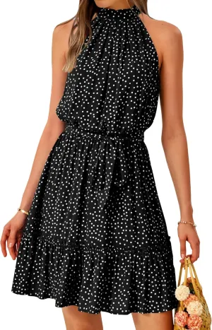 BTFBM Women Halter Neck Summer Dresses 2025 Spring Casual Sleeveless Floral Polka Dot Ruffle Mini Boho Beach Sun Dress