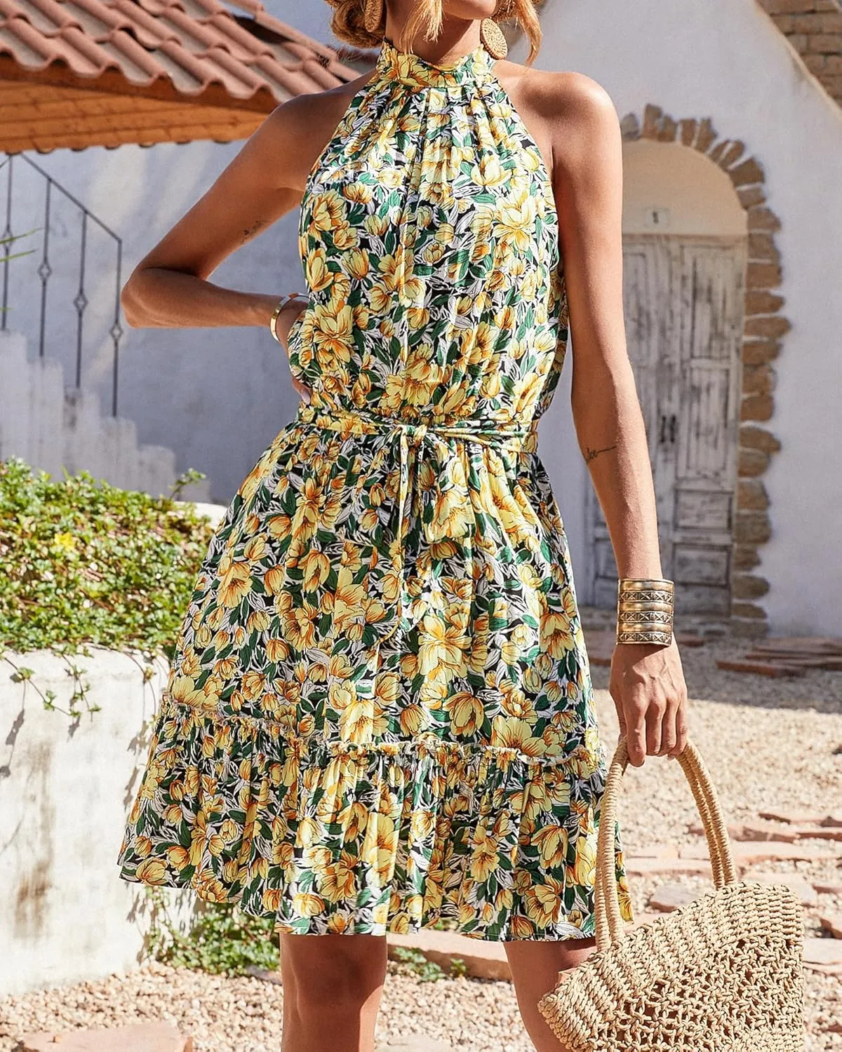 BTFBM Women Halter Neck Summer Dresses 2025 Spring Casual Sleeveless Floral Polka Dot Ruffle Mini Boho Beach Sun Dress