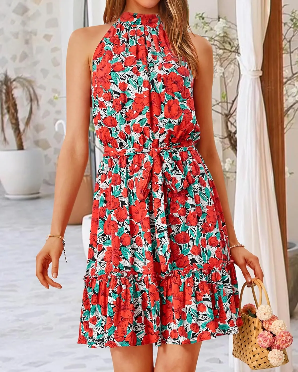 BTFBM Women Halter Neck Summer Dresses 2025 Spring Casual Sleeveless Floral Polka Dot Ruffle Mini Boho Beach Sun Dress