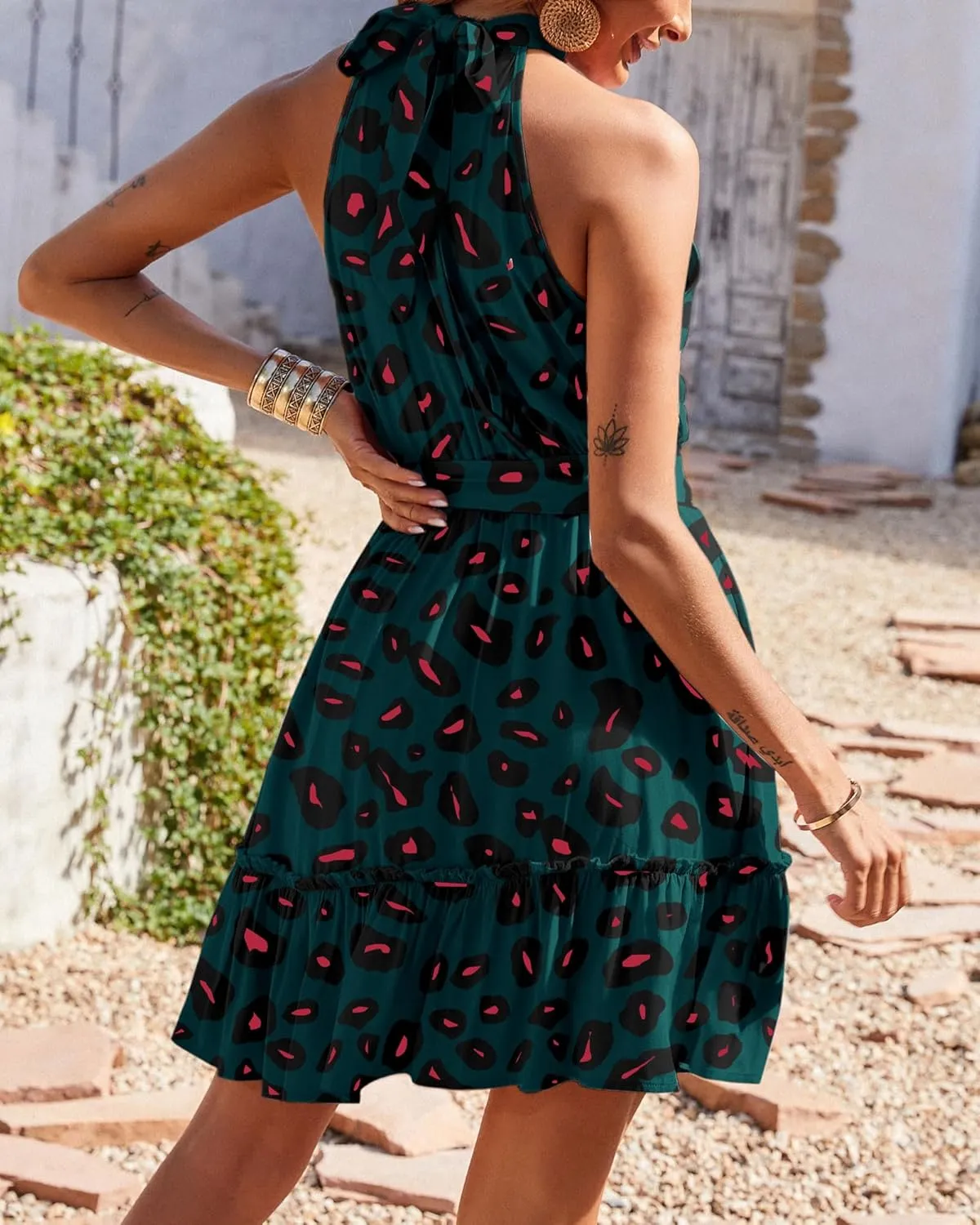 BTFBM Women Halter Neck Summer Dresses 2025 Spring Casual Sleeveless Floral Polka Dot Ruffle Mini Boho Beach Sun Dress