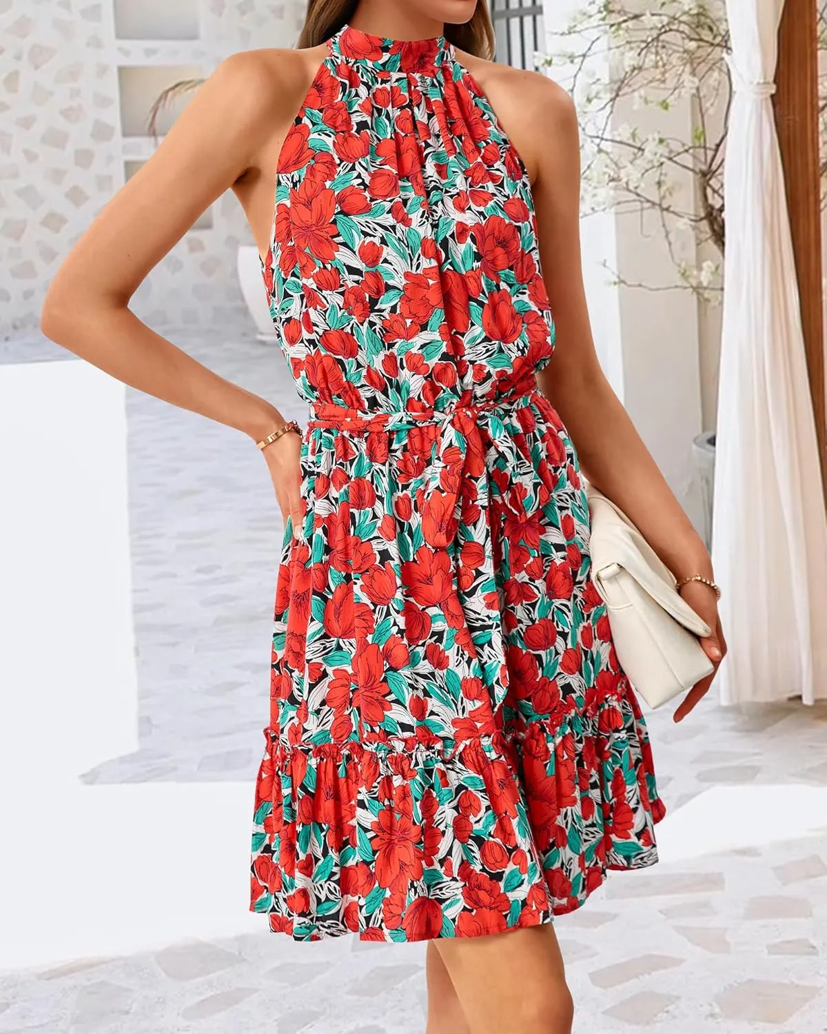 BTFBM Women Halter Neck Summer Dresses 2025 Spring Casual Sleeveless Floral Polka Dot Ruffle Mini Boho Beach Sun Dress