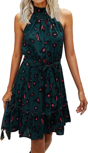BTFBM Women Halter Neck Summer Dresses 2025 Spring Casual Sleeveless Floral Polka Dot Ruffle Mini Boho Beach Sun Dress