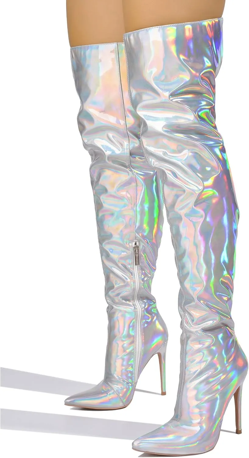 Cape Robbin Women's Metallic Thigh High Over-The-Knee Boots - Zippered Pointed Toe & Stiletto Heel (Bemilia)
