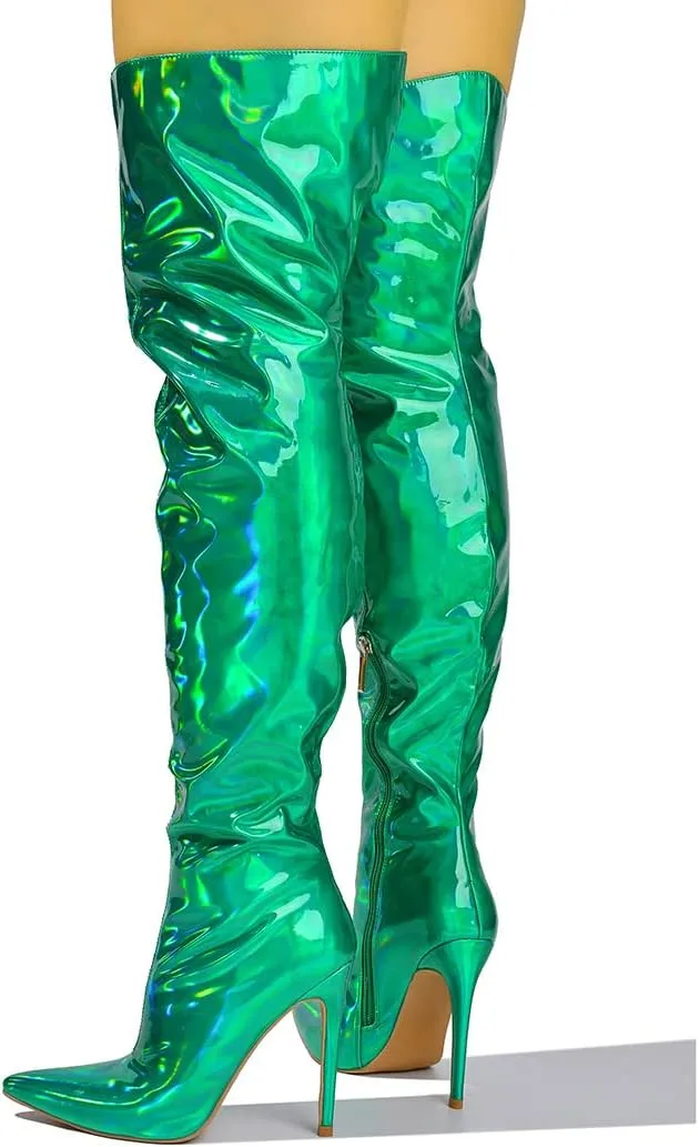 Cape Robbin Women's Metallic Thigh High Over-The-Knee Boots - Zippered Pointed Toe & Stiletto Heel (Bemilia)