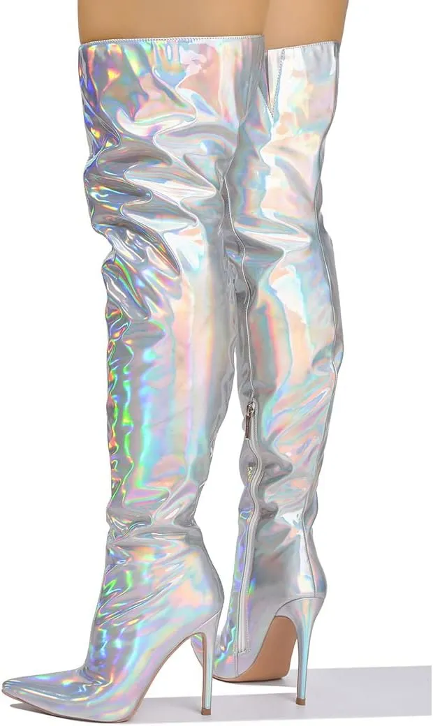 Cape Robbin Women's Metallic Thigh High Over-The-Knee Boots - Zippered Pointed Toe & Stiletto Heel (Bemilia)