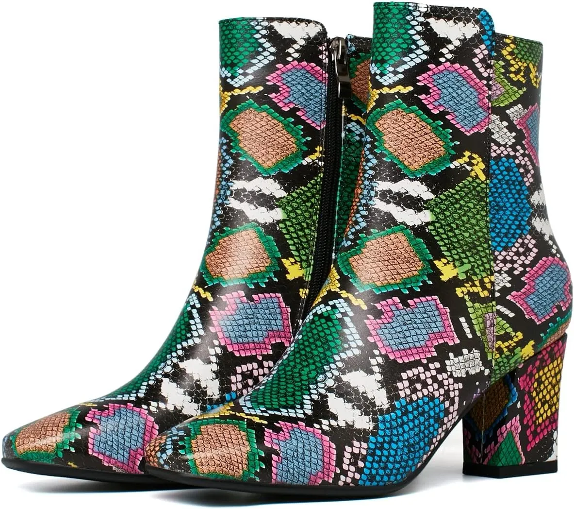 Caradise Womens High Chunky Heeled Boots Zip Up Square Toe Ankle Booties Size 9 B(M) US,Multicoloured Snake