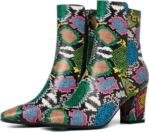 Caradise Womens High Chunky Heeled Boots Zip Up Square Toe Ankle Booties Size 9 B(M) US,Multicoloured Snake