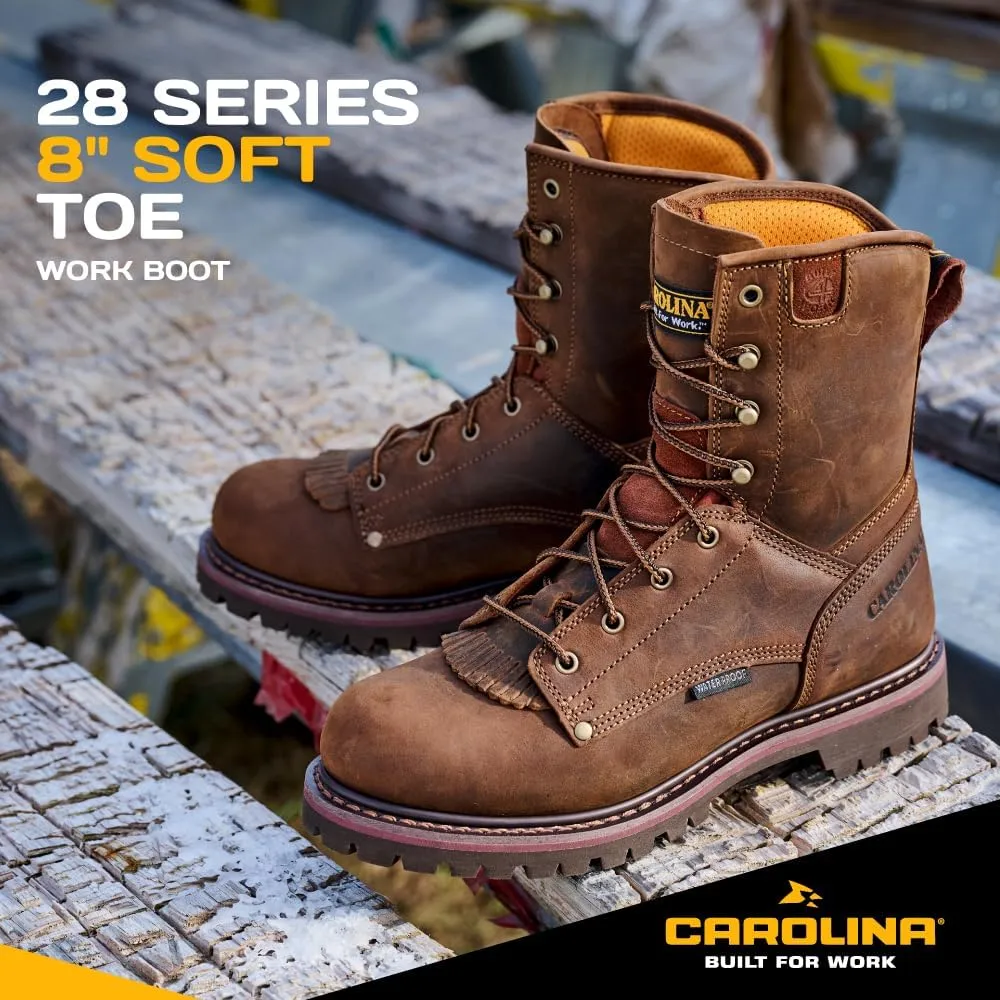 Carolina 28 Series 8'' Soft Toe Waterproof Work Boots for Men - Cigar Leather Upper, AG7 Footbed, Removable Kiltie, EH-Rated
