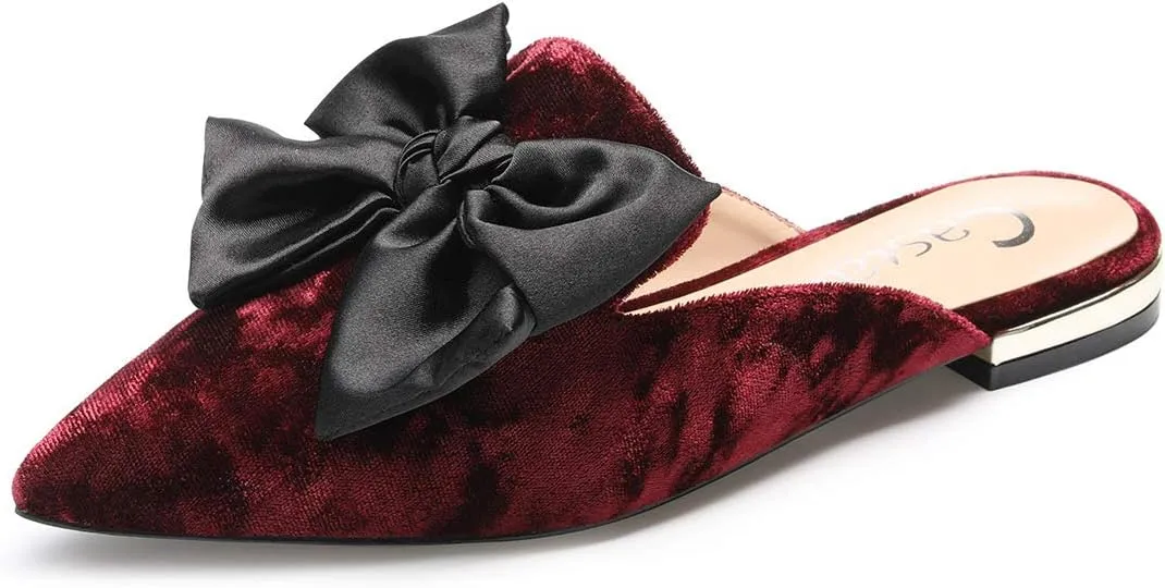 Castamere Womens Pointed Toe Bow-Knot Mules Slip On Velvet Slippers Casual Comfortable Flats
