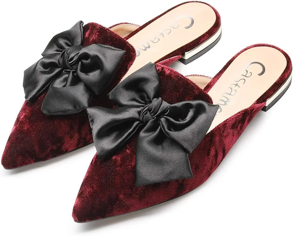 Castamere Womens Pointed Toe Bow-Knot Mules Slip On Velvet Slippers Casual Comfortable Flats