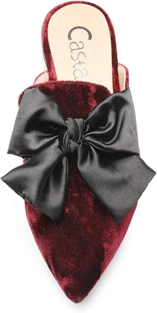 Castamere Womens Pointed Toe Bow-Knot Mules Slip On Velvet Slippers Casual Comfortable Flats