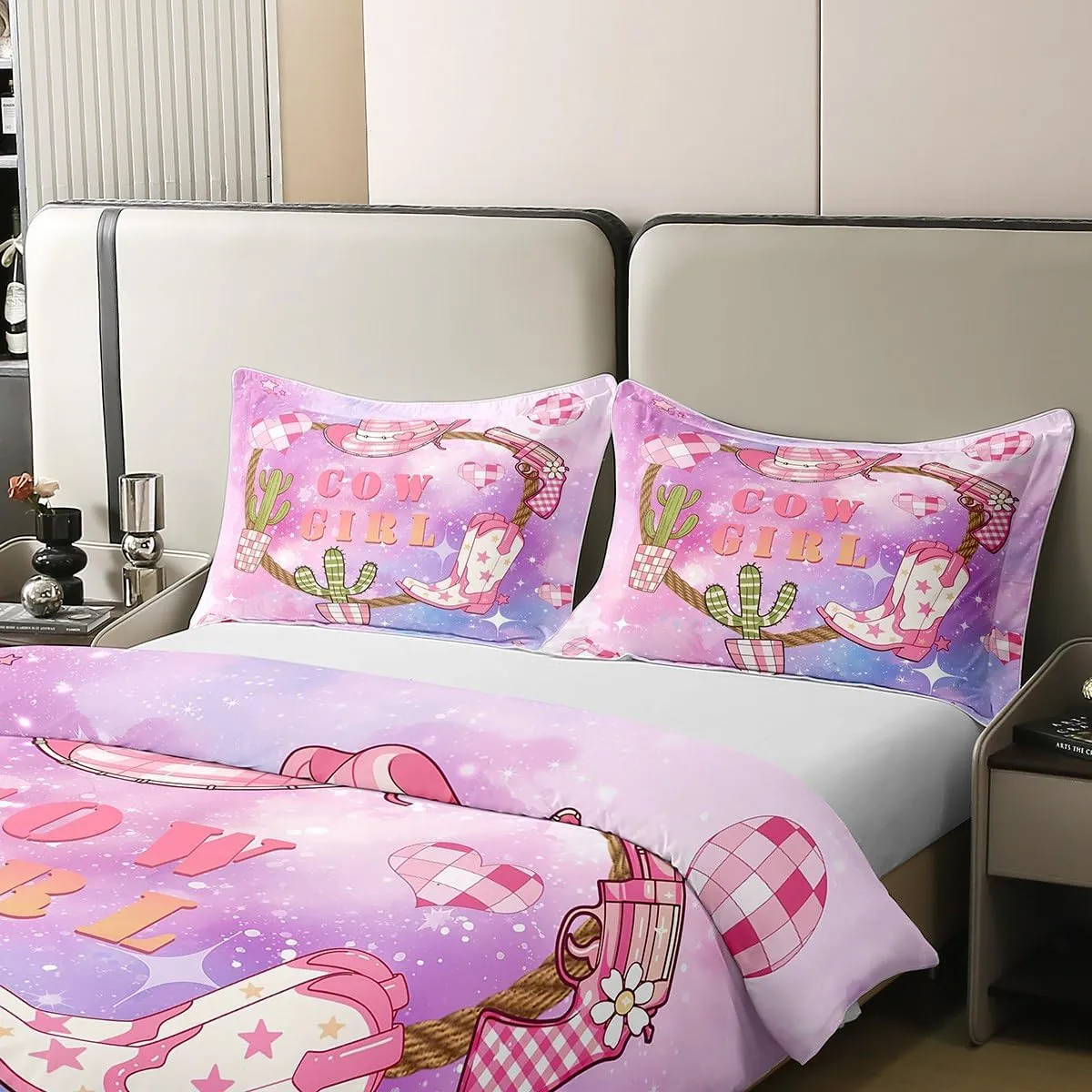 Castle Fairy Pink Cowgirl 100% Nature Cotton Kids Duvet Cover Western Cowboy Hat Boots Print Comforter Cover Twin Size with 1 Pillowcase Purple Blue Starry Nebula Galaxy Aesthetic Luxury Bedding Set