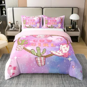 Castle Fairy Pink Cowgirl 100% Nature Cotton Kids Duvet Cover Western Cowboy Hat Boots Print Comforter Cover Twin Size with 1 Pillowcase Purple Blue Starry Nebula Galaxy Aesthetic Luxury Bedding Set