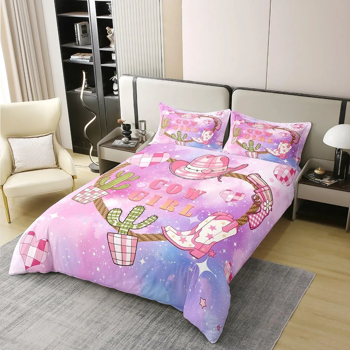 Castle Fairy Pink Cowgirl 100% Nature Cotton Kids Duvet Cover Western Cowboy Hat Boots Print Comforter Cover Twin Size with 1 Pillowcase Purple Blue Starry Nebula Galaxy Aesthetic Luxury Bedding Set