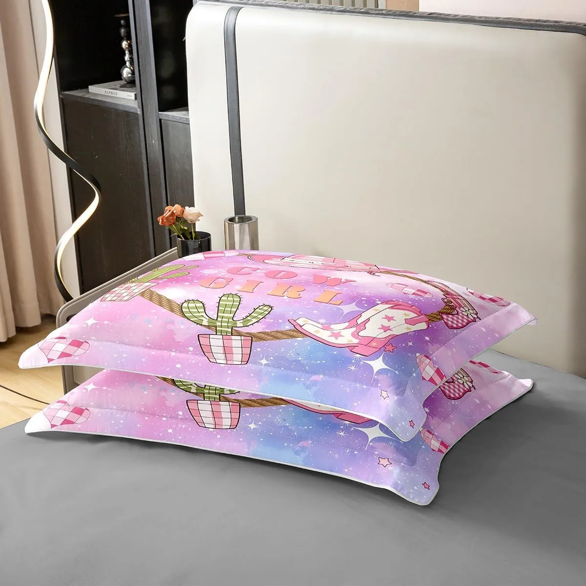 Castle Fairy Pink Cowgirl 100% Nature Cotton Kids Duvet Cover Western Cowboy Hat Boots Print Comforter Cover Twin Size with 1 Pillowcase Purple Blue Starry Nebula Galaxy Aesthetic Luxury Bedding Set
