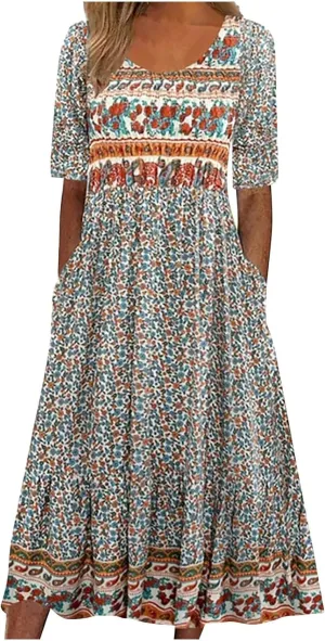 Casual Dresses for Women 2024 Boho Floral Print Dress Short Sleeve Pleated Dresses Trendy Beach Clothing with Clothing