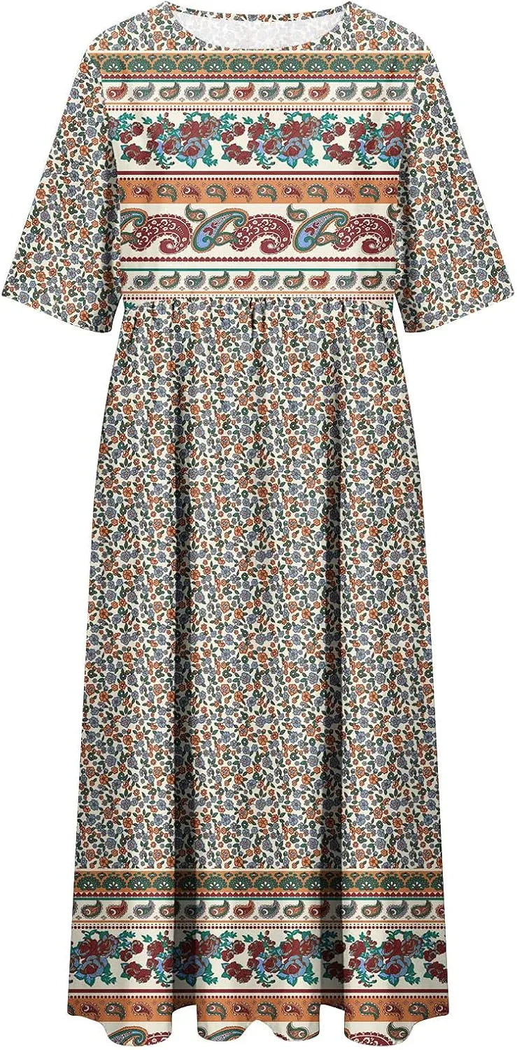 Casual Dresses for Women 2024 Boho Floral Print Dress Short Sleeve Pleated Dresses Trendy Beach Clothing with Clothing
