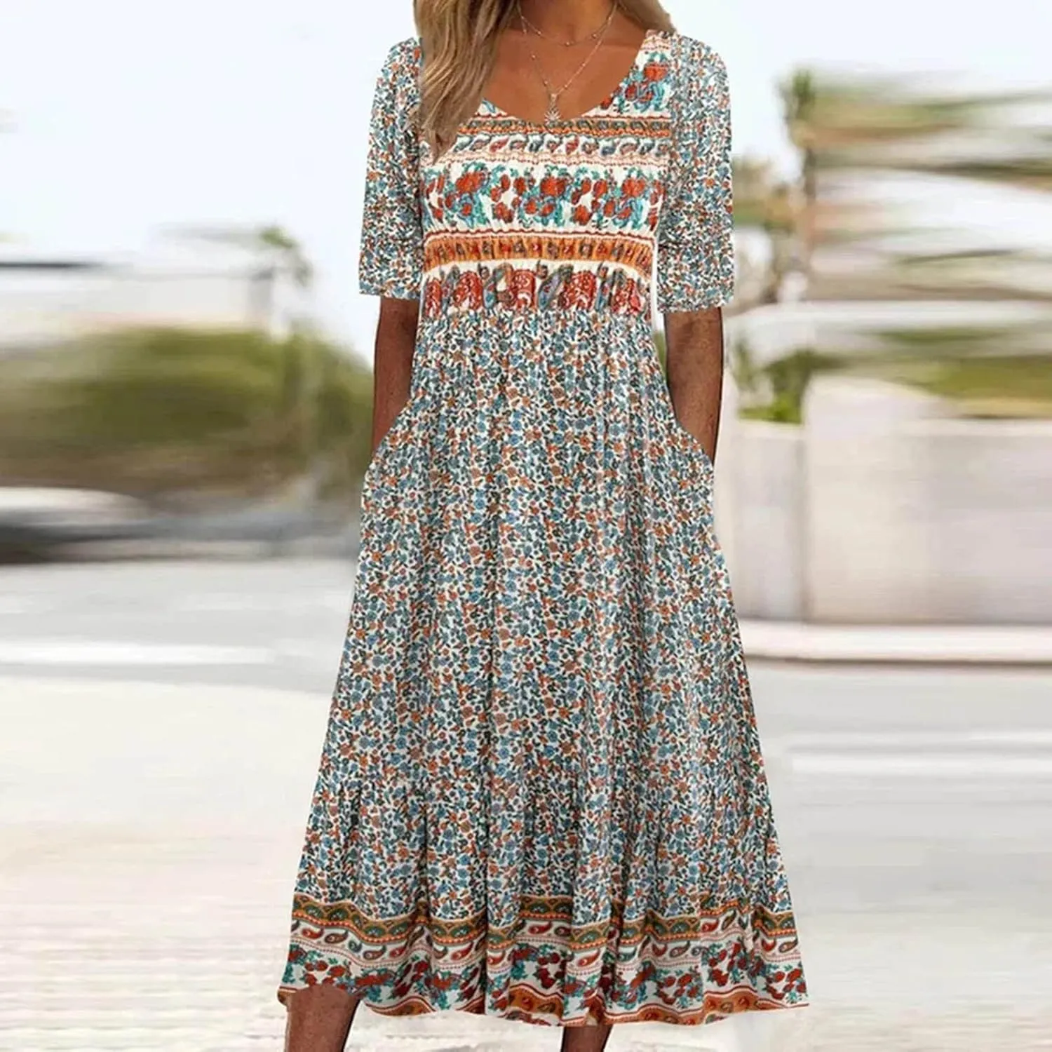 Casual Dresses for Women 2024 Boho Floral Print Dress Short Sleeve Pleated Dresses Trendy Beach Clothing with Clothing