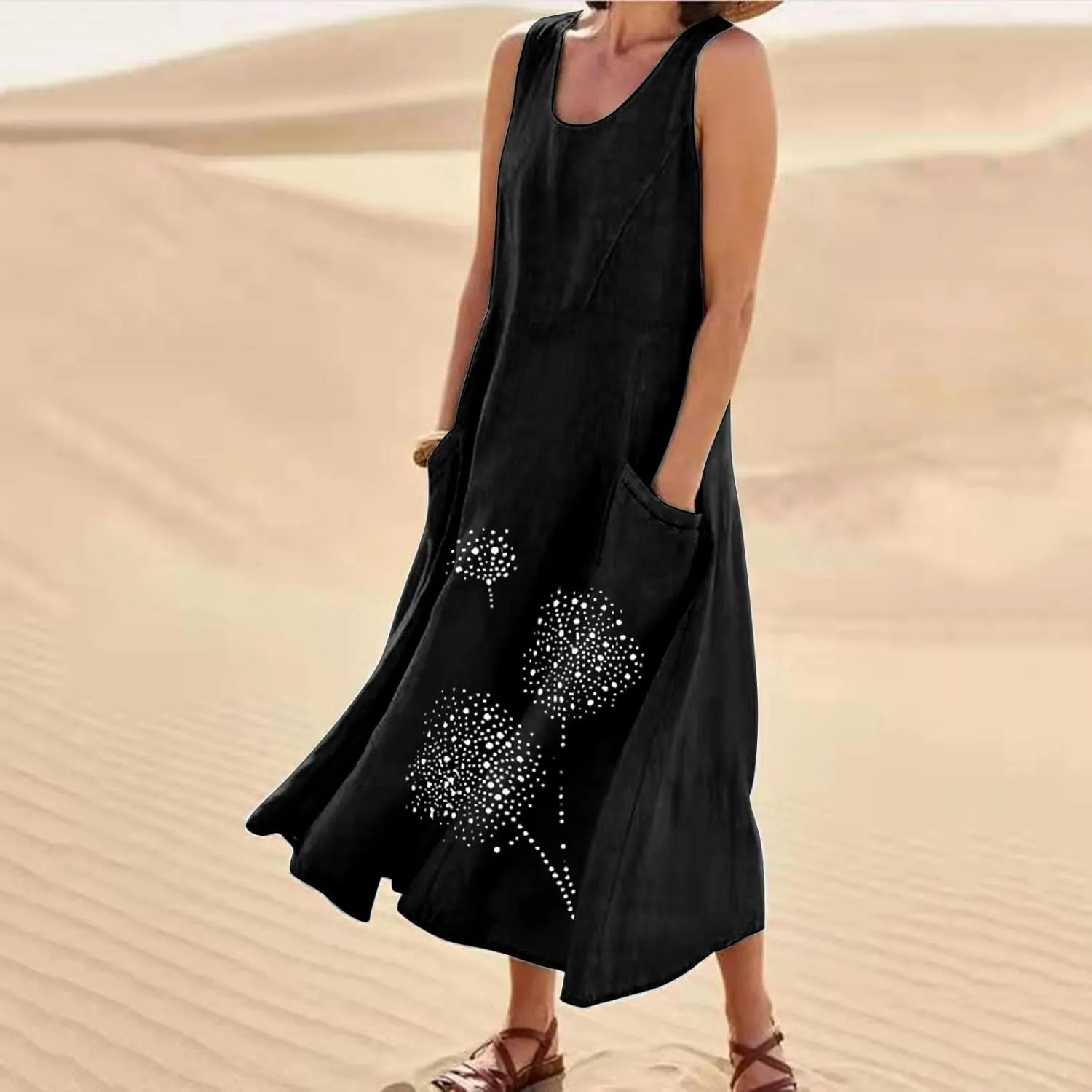 Casual Summer Dresses for Women 2024 Plus Size Sleeveless Flowy Beach Long Dress Dandelion Print Tank Sun Dresses