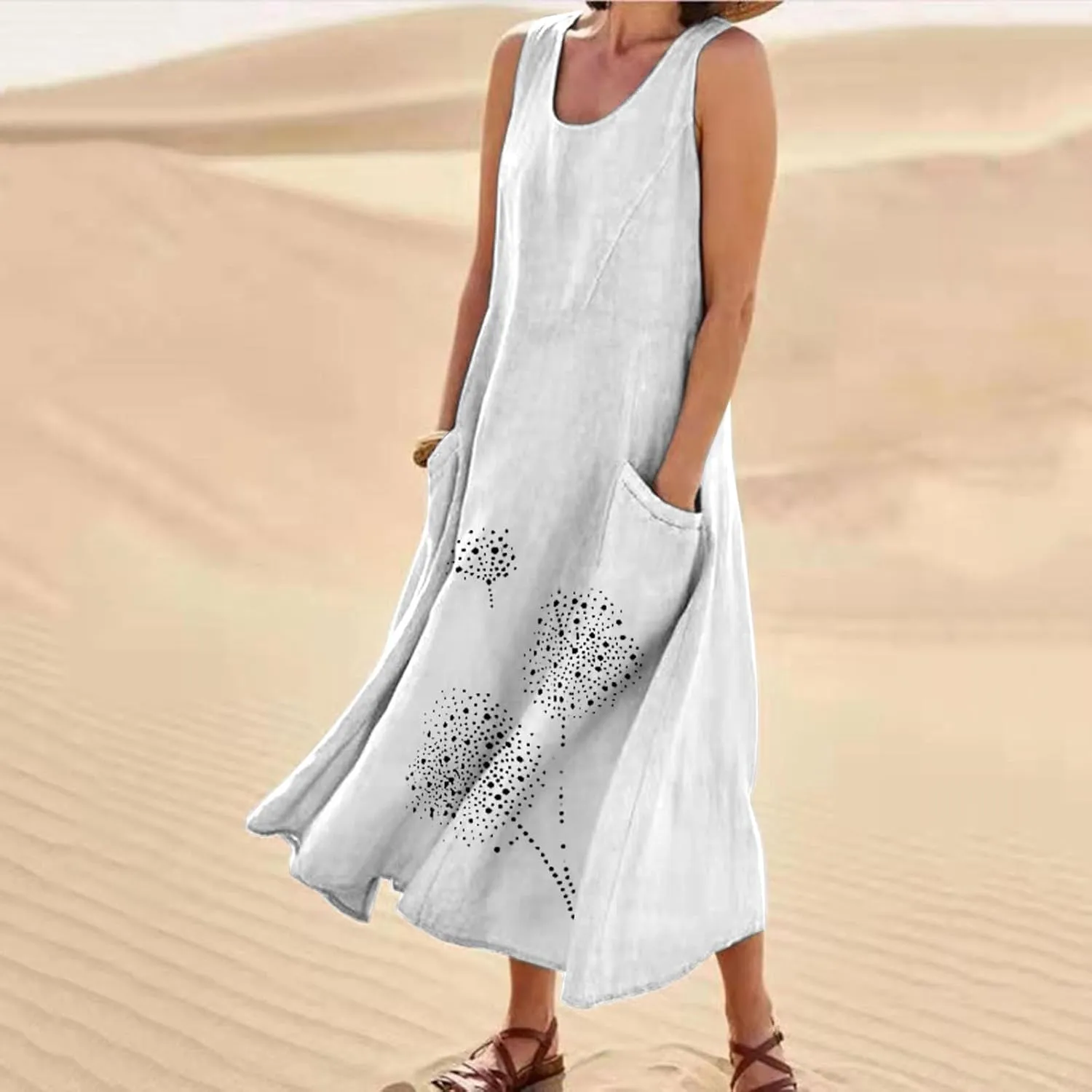 Casual Summer Dresses for Women 2024 Plus Size Sleeveless Flowy Beach Long Dress Dandelion Print Tank Sun Dresses