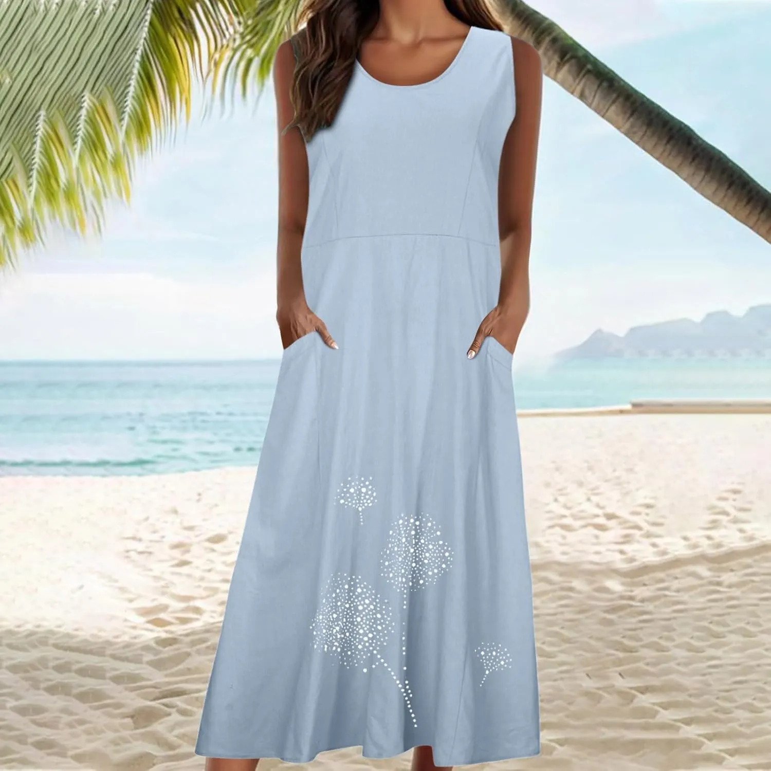 Casual Summer Dresses for Women 2024 Plus Size Sleeveless Flowy Beach Long Dress Dandelion Print Tank Sun Dresses