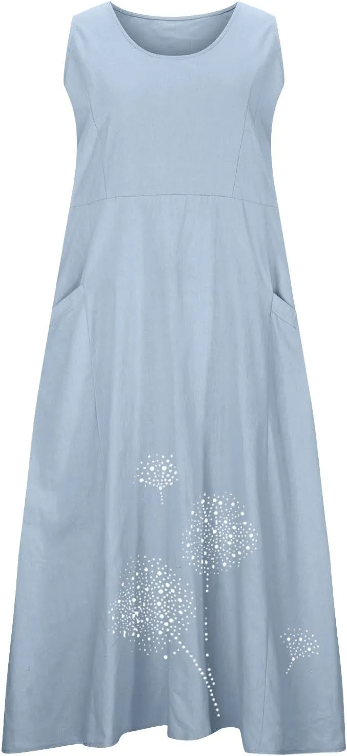 Casual Summer Dresses for Women 2024 Plus Size Sleeveless Flowy Beach Long Dress Dandelion Print Tank Sun Dresses