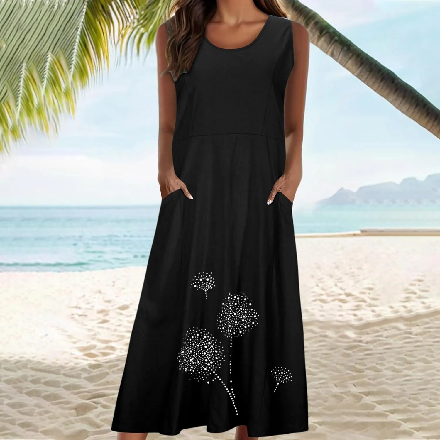 Casual Summer Dresses for Women 2024 Plus Size Sleeveless Flowy Beach Long Dress Dandelion Print Tank Sun Dresses