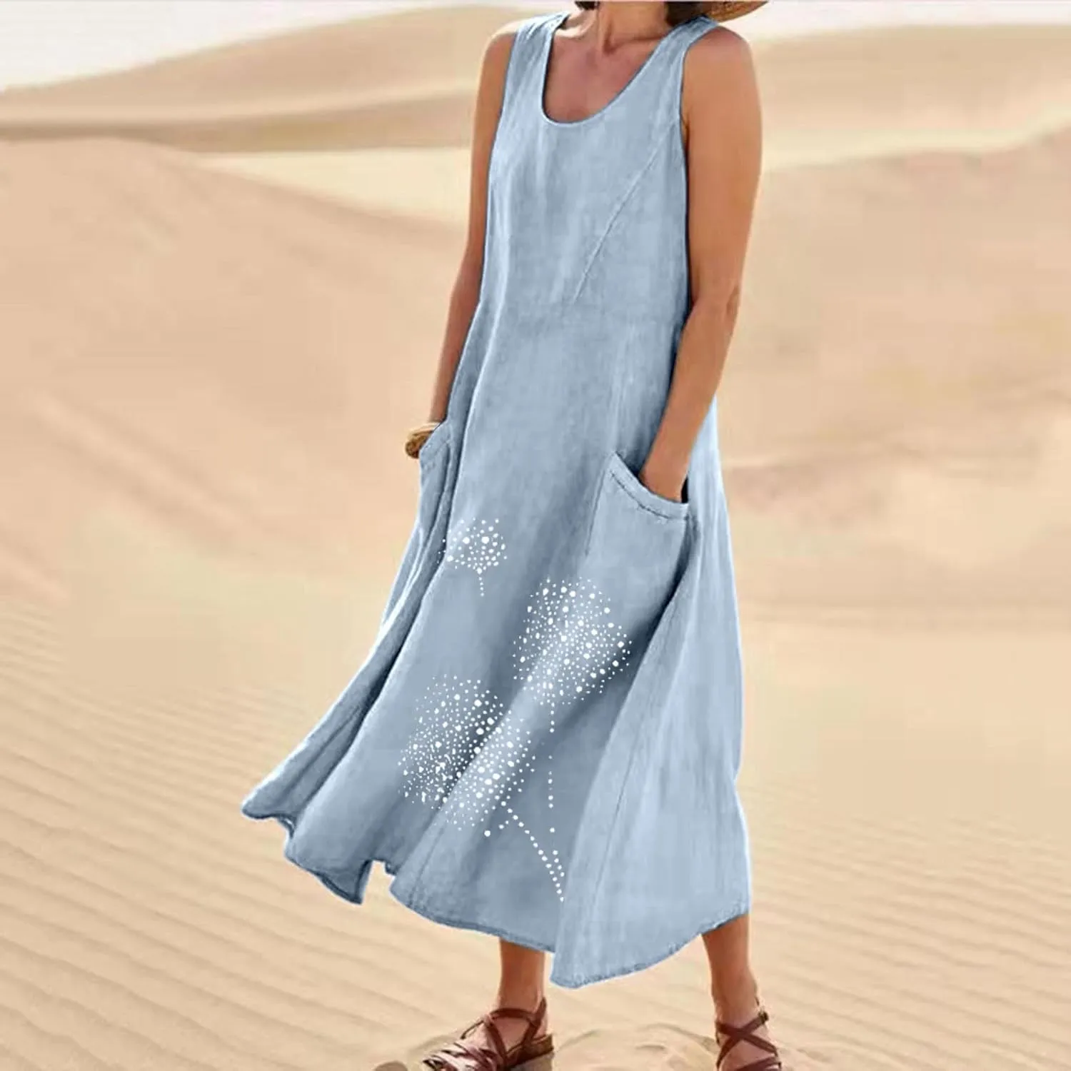 Casual Summer Dresses for Women 2024 Plus Size Sleeveless Flowy Beach Long Dress Dandelion Print Tank Sun Dresses