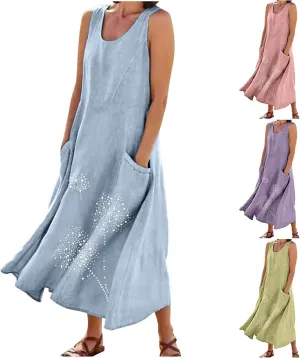 Casual Summer Dresses for Women 2024 Plus Size Sleeveless Flowy Beach Long Dress Dandelion Print Tank Sun Dresses