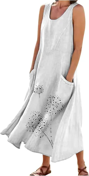 Casual Summer Dresses for Women 2024 Plus Size Sleeveless Flowy Beach Long Dress Dandelion Print Tank Sun Dresses