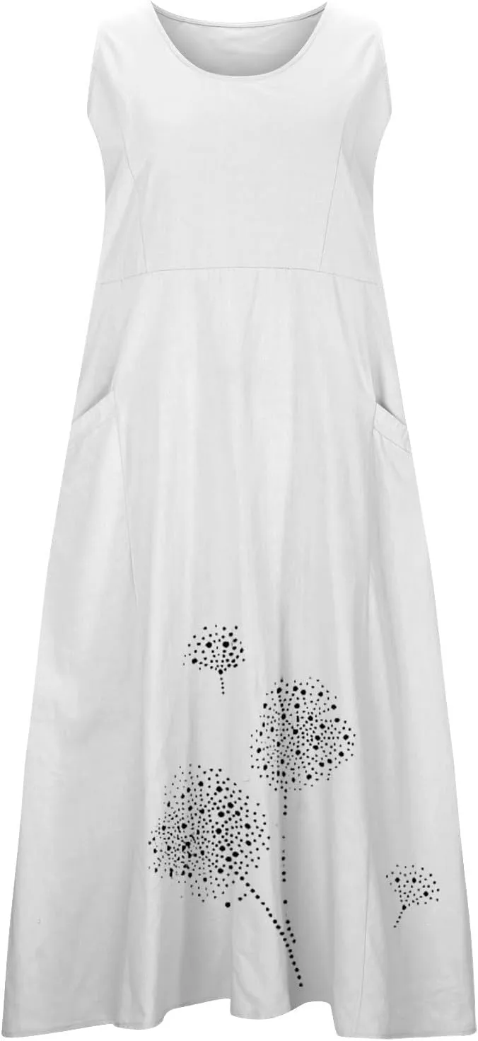 Casual Summer Dresses for Women 2024 Plus Size Sleeveless Flowy Beach Long Dress Dandelion Print Tank Sun Dresses
