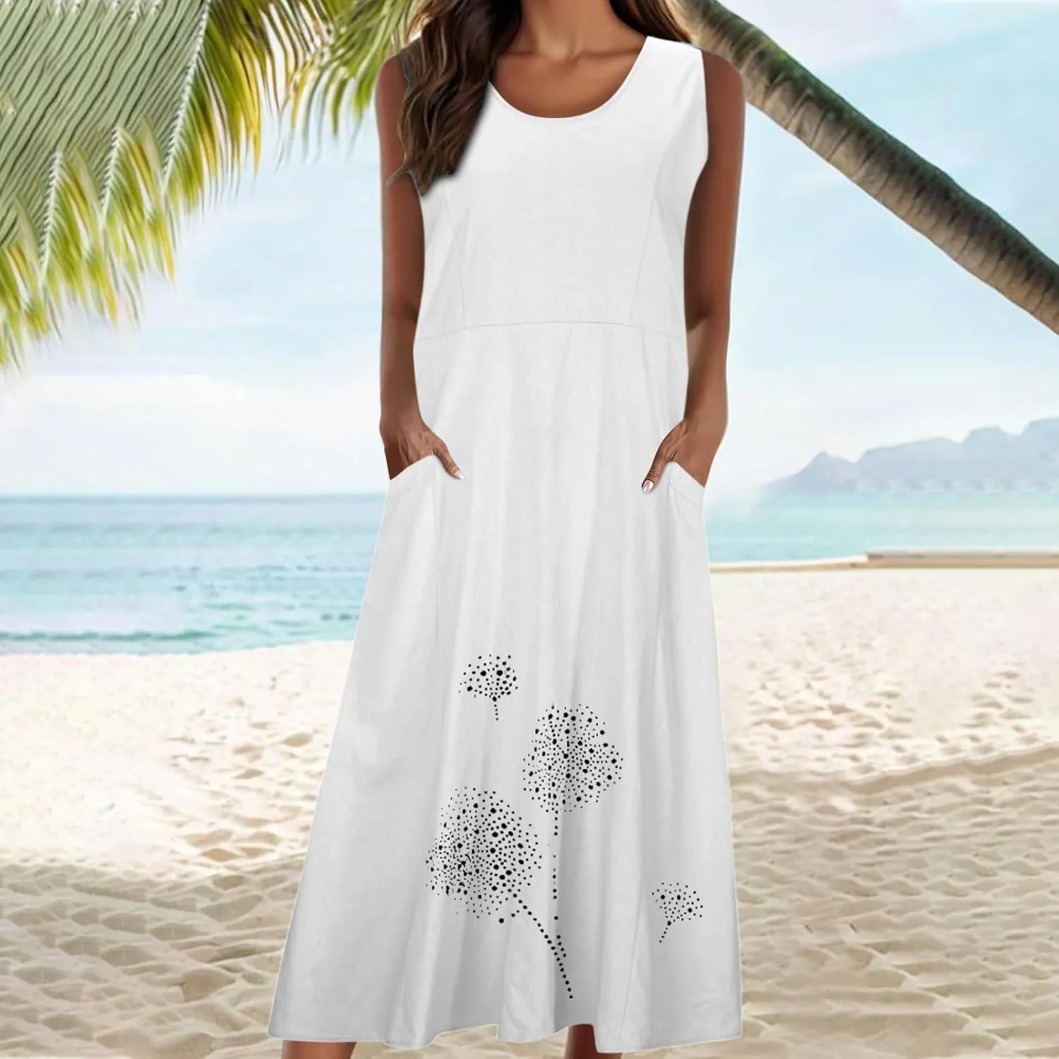 Casual Summer Dresses for Women 2024 Plus Size Sleeveless Flowy Beach Long Dress Dandelion Print Tank Sun Dresses