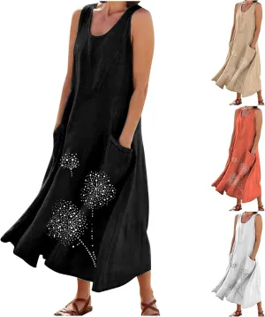 Casual Summer Dresses for Women 2024 Plus Size Sleeveless Flowy Beach Long Dress Dandelion Print Tank Sun Dresses