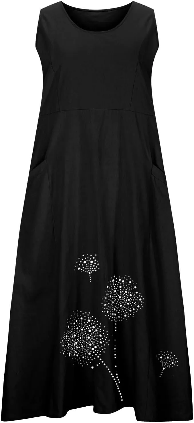 Casual Summer Dresses for Women 2024 Plus Size Sleeveless Flowy Beach Long Dress Dandelion Print Tank Sun Dresses