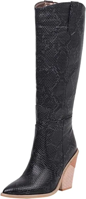 Cathalem Women's Knee High Boots Colorful Snakeskin Boots Round Toe Snake Print Chunky Block High Heel Pull On Boots