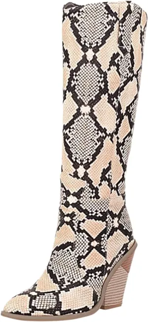 Cathalem Women's Knee High Boots Colorful Snakeskin Boots Round Toe Snake Print Chunky Block High Heel Pull On Boots