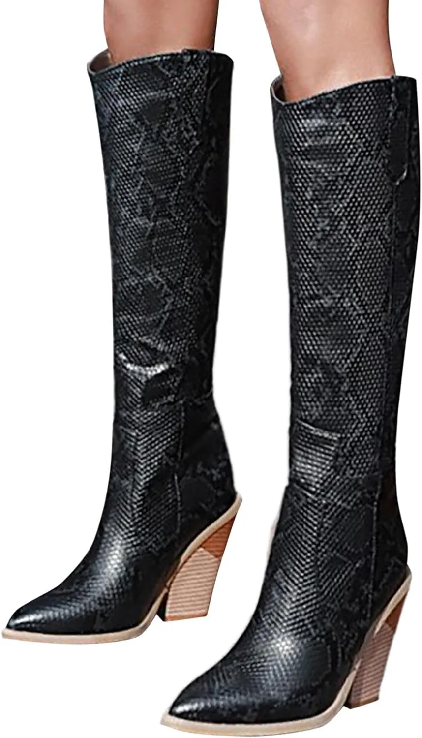 Cathalem Women's Knee High Boots Colorful Snakeskin Boots Round Toe Snake Print Chunky Block High Heel Pull On Boots