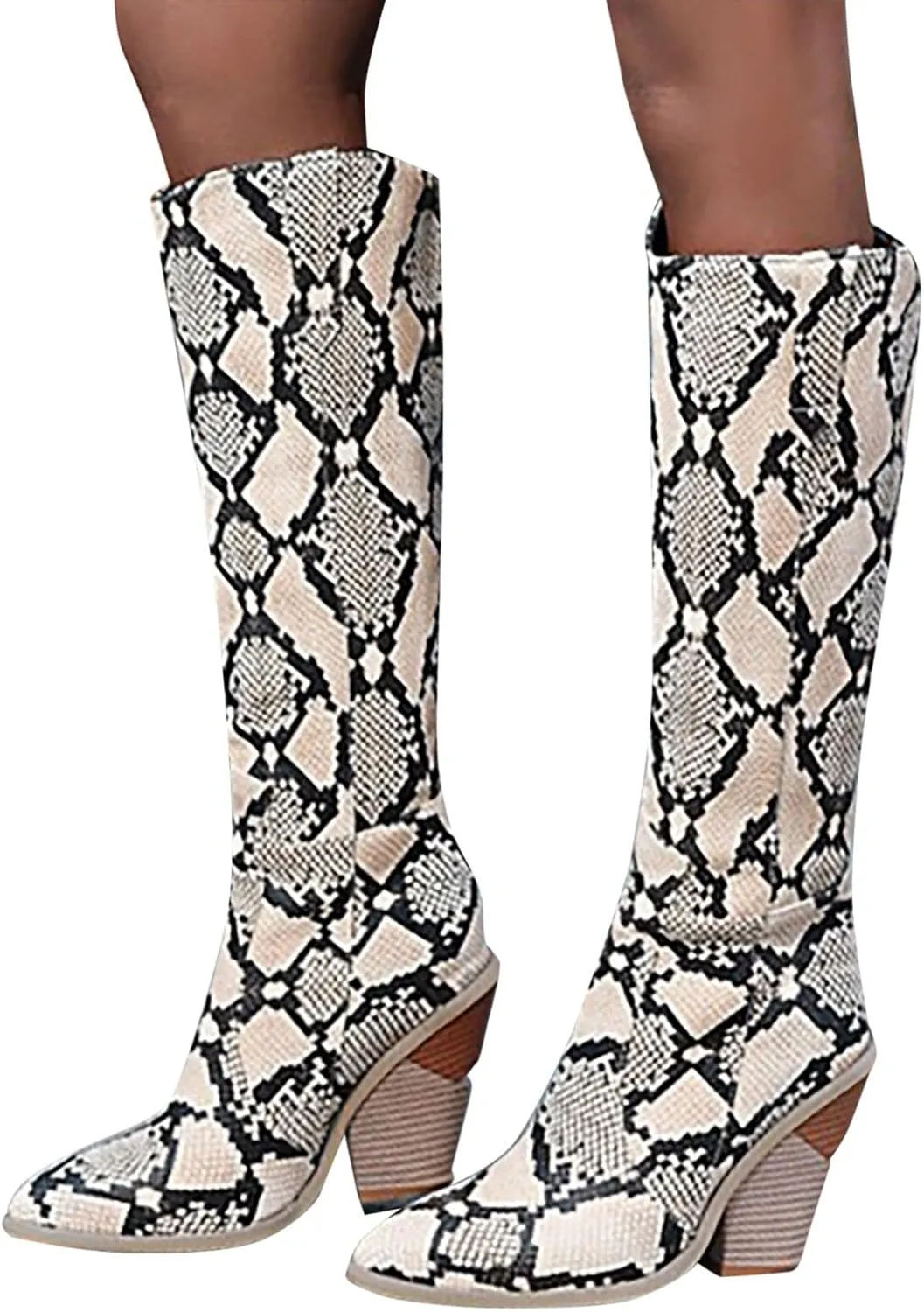 Cathalem Women's Knee High Boots Colorful Snakeskin Boots Round Toe Snake Print Chunky Block High Heel Pull On Boots