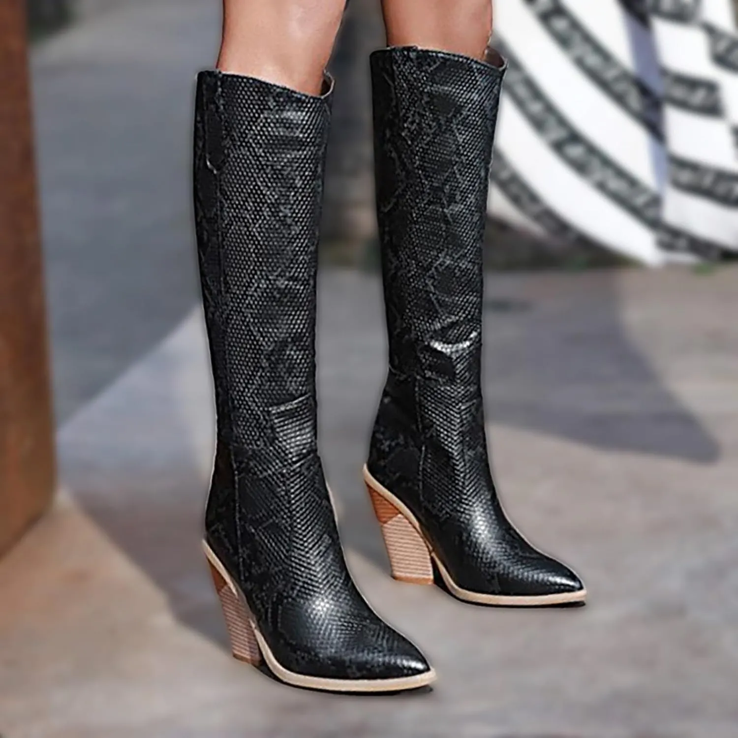 Cathalem Women's Knee High Boots Colorful Snakeskin Boots Round Toe Snake Print Chunky Block High Heel Pull On Boots