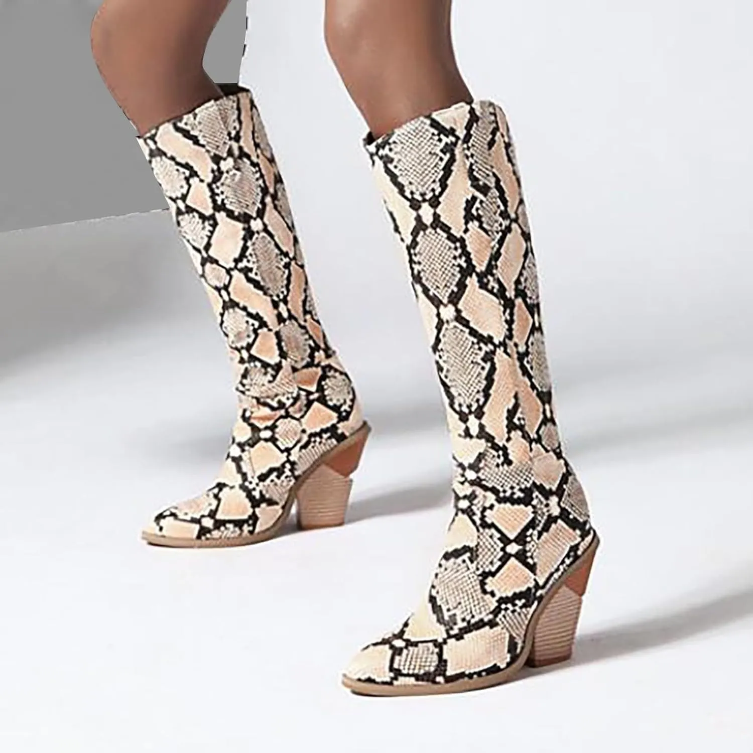 Cathalem Women's Knee High Boots Colorful Snakeskin Boots Round Toe Snake Print Chunky Block High Heel Pull On Boots