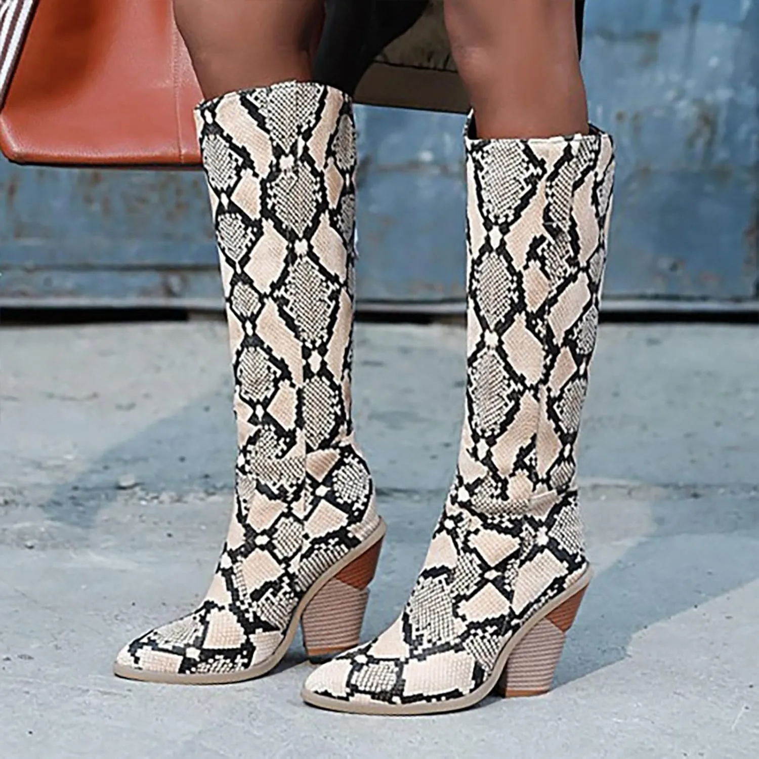 Cathalem Women's Knee High Boots Colorful Snakeskin Boots Round Toe Snake Print Chunky Block High Heel Pull On Boots