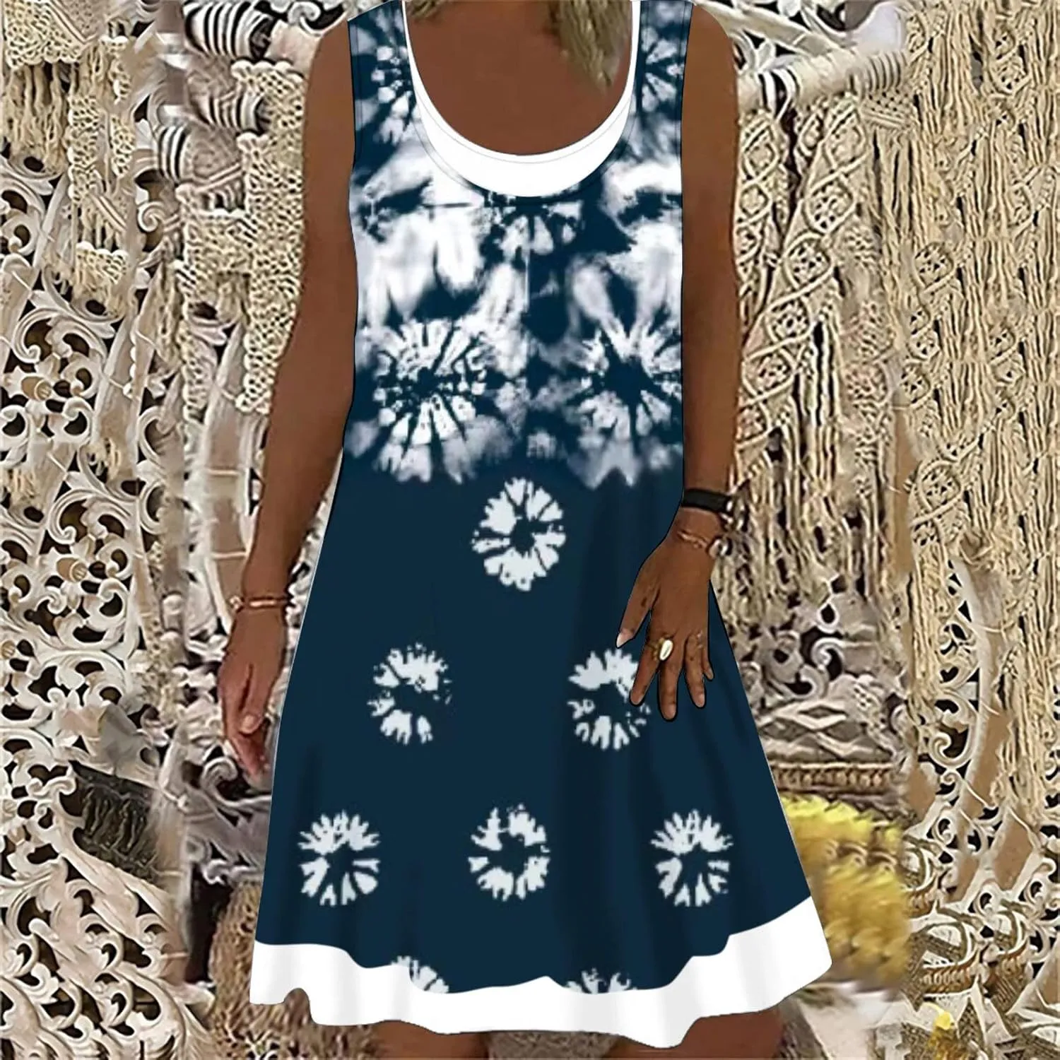 Ceboyel Women Denim Print Short Dress Sleeveless Tank Dresses Summer Causal Swing Tshirt Dress Trendy Beach Vacation Outfits