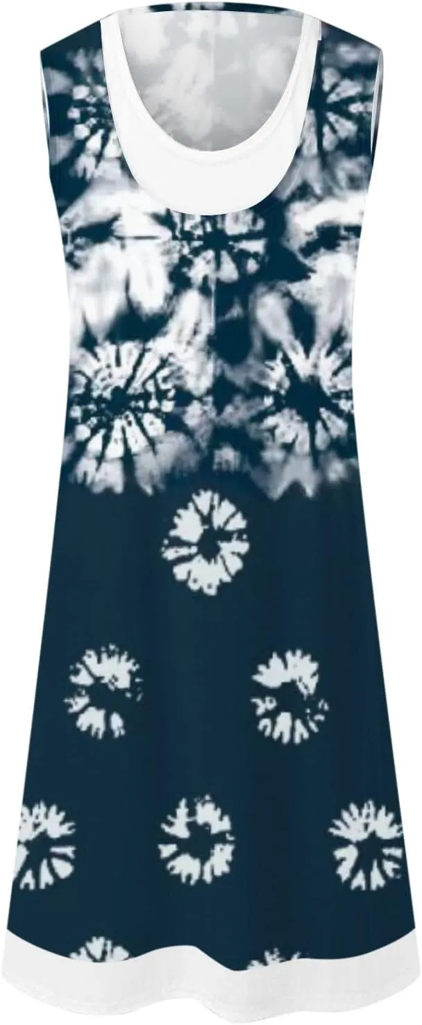 Ceboyel Women Denim Print Short Dress Sleeveless Tank Dresses Summer Causal Swing Tshirt Dress Trendy Beach Vacation Outfits