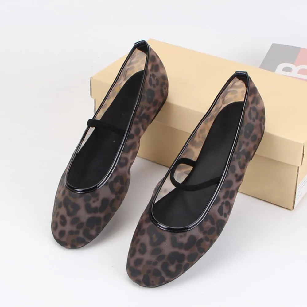 Cheetah Mesh Ballet Flats for Women Leopard Print Mary Jane Shoes Round Toe Spring Summer Comfort Footwear