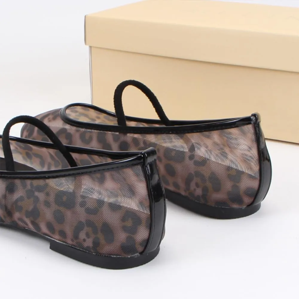 Cheetah Mesh Ballet Flats for Women Leopard Print Mary Jane Shoes Round Toe Spring Summer Comfort Footwear
