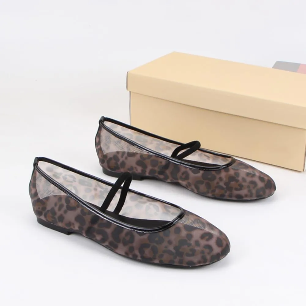 Cheetah Mesh Ballet Flats for Women Leopard Print Mary Jane Shoes Round Toe Spring Summer Comfort Footwear