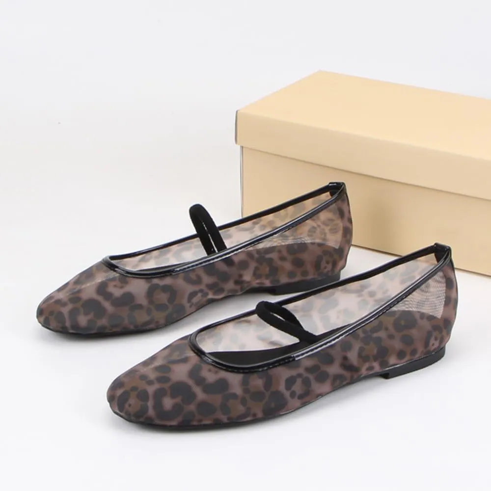 Cheetah Mesh Ballet Flats for Women Leopard Print Mary Jane Shoes Round Toe Spring Summer Comfort Footwear
